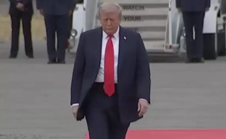 People think there’s a sinister reason why Trump was walking in a zig zag before greeting Putin