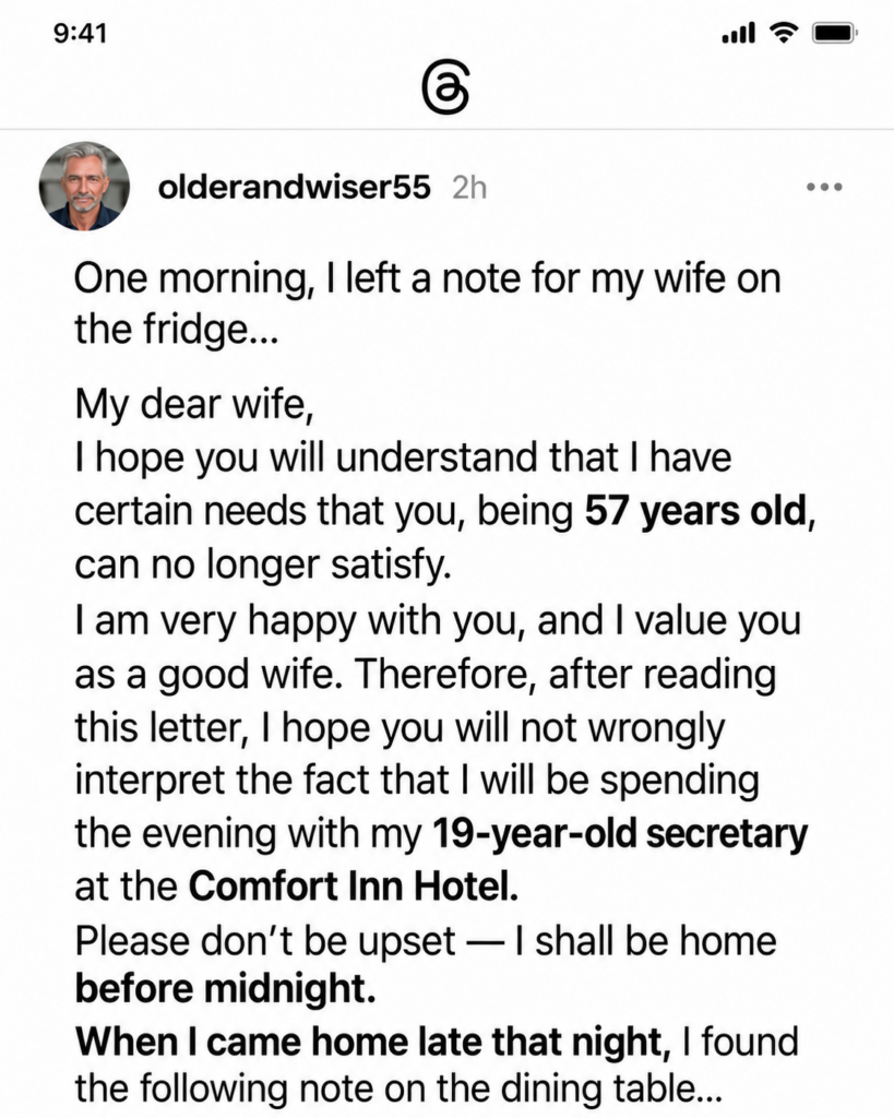 Husband Left a Note Saying He’d Spend the Night With His 19-Year-Old Secretary—But His Wife’s Reply Was Even More Savage