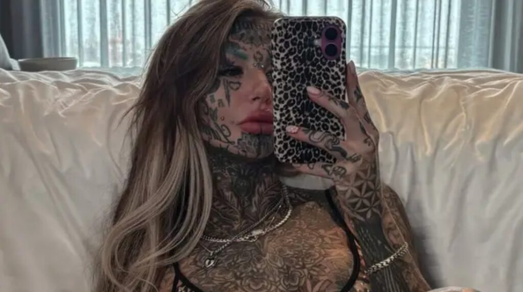 What ‘most tattooed woman’ looked like before as she flies across world for ‘illegal’ body changes